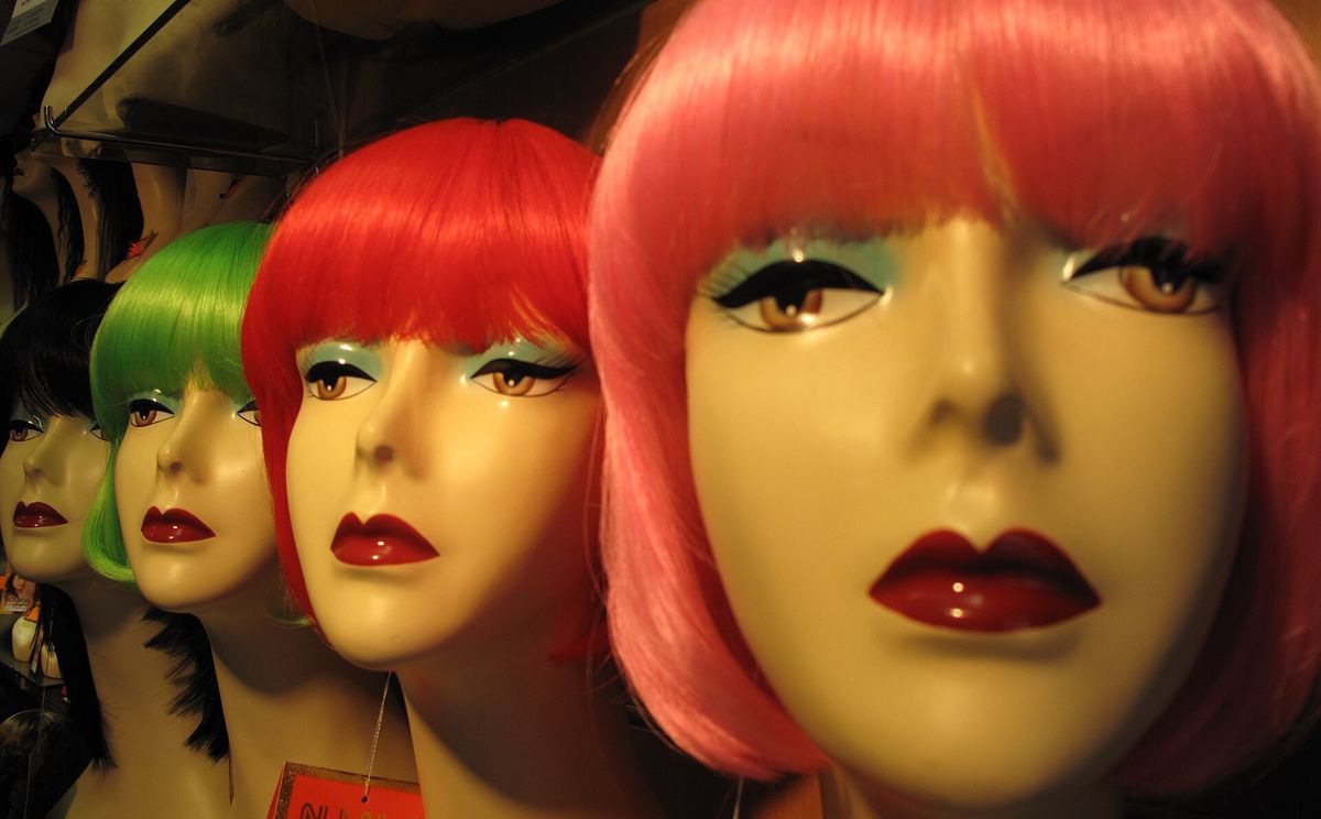 Wig shop display with mannequin heads